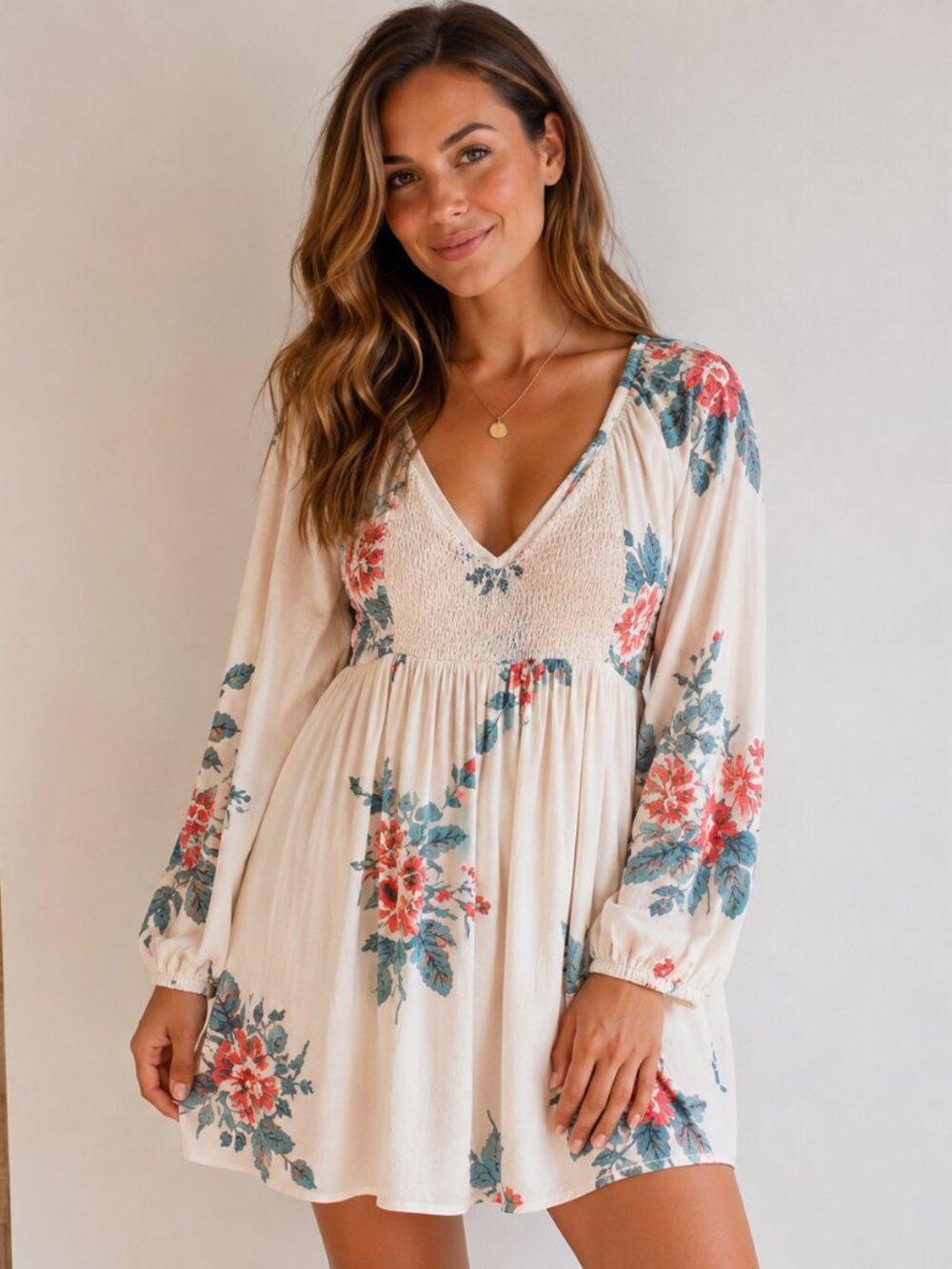 Free People Ivory Floral Smocked V Neck Boho Mini Dress